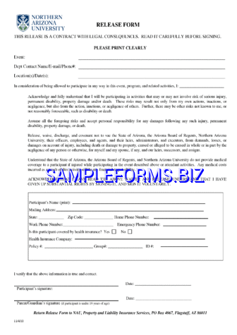 Arizona Liability Release Form 3 pdf free
